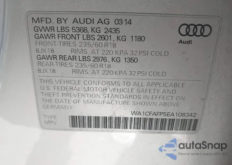 2014 Audi Q5 2.0T Premium from USA, damaged, VIN WA1CFAFP5EA108342